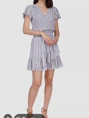 Harper Striped Wrap Ruffle Dress in Lavender.  Size Small